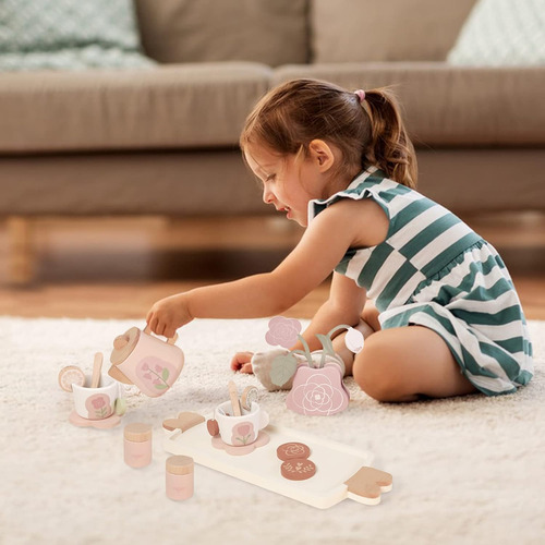 Set De Té De Juguete Smartwo 27 Piezas De Madera, Rosa