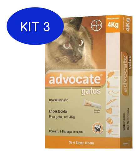 Kit 3 Advocate Anti Pulgas Para Gatos Ate 4 Kg Bayer 1