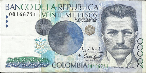Colombia Billete Reposición 20000 Pesos 6 Mayo 1999
