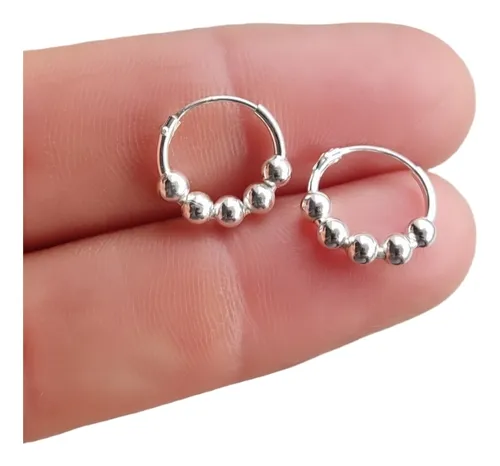 Aros Argollas De Bolitas 12mm. Con Bisagras Plata 925