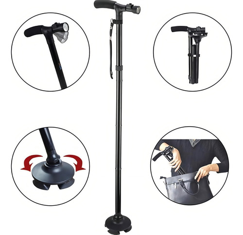 Baston Plegable C/ Luz Led Bastones Ortopedicos Base 4 Apoyo