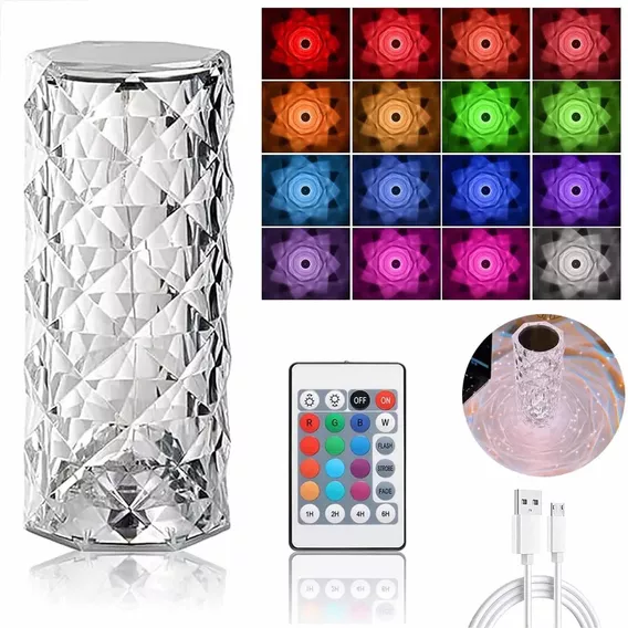 Velador Lámpara Recargable Diamond Rose Led Con Control Rgb Color De La Estructura Cristal