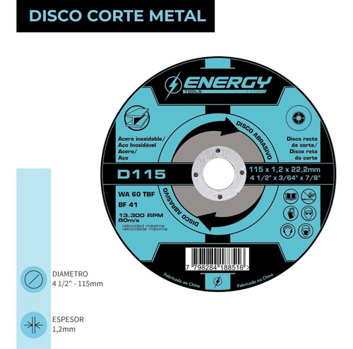 Disco Corte Metal 4-1/2  X 0,8mm Pack 10 Unds.  Energy 