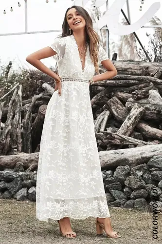 Maxi Vestido Blanco Largo Encaje P Boda Fiesta Playa Casual