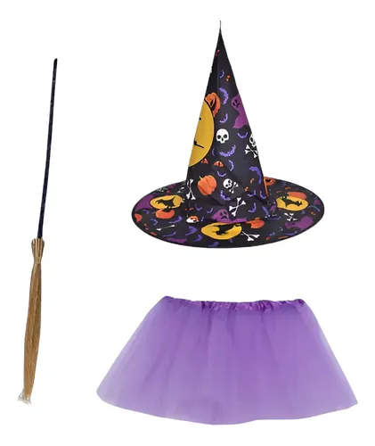 BITOYO Disfraz de Bruja Niña Disfraz Halloween con Tutú, Sombrero, Escoba y Guantes Vestimenta para Carnaval y Fiestas, Niñas 3-12 Años