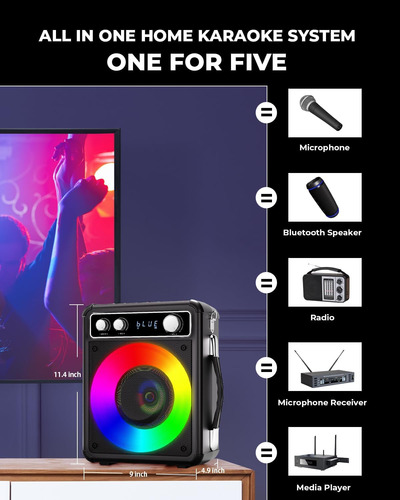 Máquina De Karaoke, Altavoz Bluetooth Portátil Con 2 Micrófo