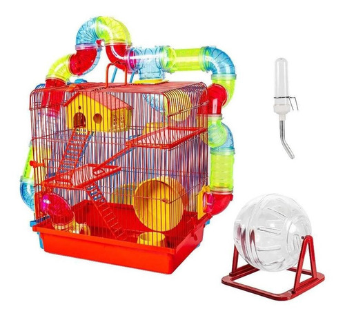 Gaiola Hamster Com Casa Grande 3 Andares Tubos - Vermelho