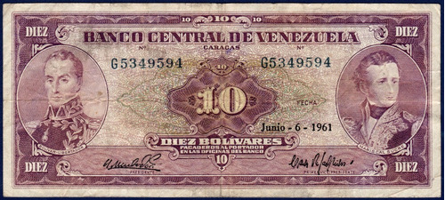 Billete 10 Bolívares G7 Junio 6 1961 Bolívar Y Sucre