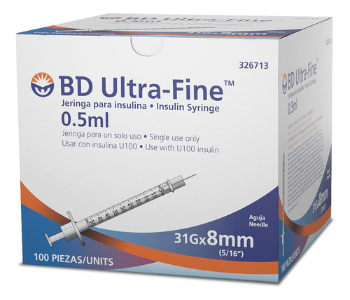 Jeringa De Insulina Bd Ultra-fine 0.5ml 31g 8mm- 100 U Capac