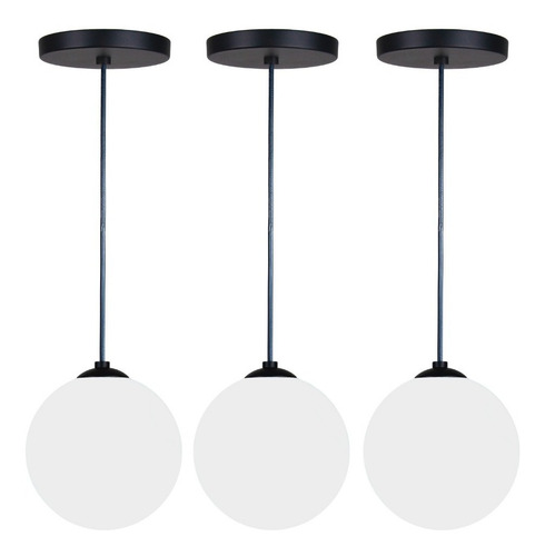 3 Lustres Pendente Golobo De Vidro 12cm Fosco Preto Dourado 127/220V