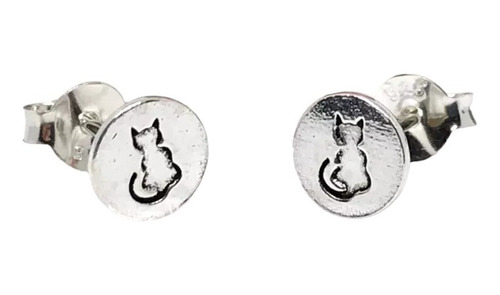 Aros De Plata 925, Diseño Circular Y Gato Gatito Animales