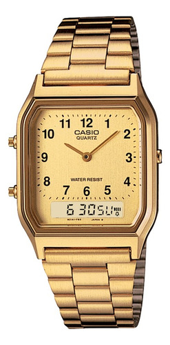 Reloj Casio Aq-230ga-9bvt Dorado Vintage Dual Time Cuadrado