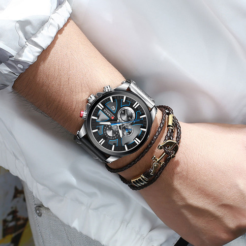 Reloj Analogo Curren Con Pulsera De Cuero Para Caballero Café Plateado Negro