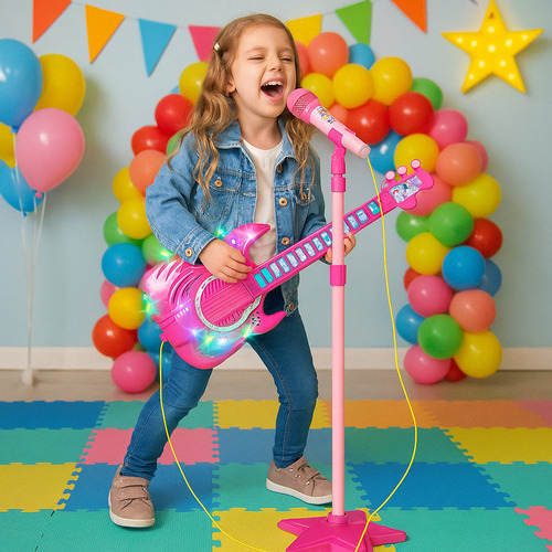 Guitarra Com Microfone Pedestal Som Luzes Sai Voz Conecta Mp3 Celular Cabo P2 Guitarrinha Brinquedo Meninas Presente Organiser