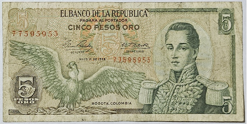 Billete 5 Pesos 01/may/1963 Colombia F-vf
