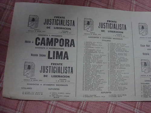 Boleta Cámpora Lima Frente De Liberación Justicialista 1973