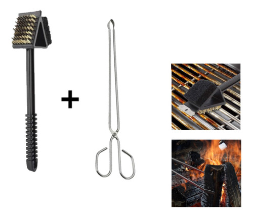 Set Cepillo Limpiador + Pinza Tenazas Parrilla Asado Carbon 