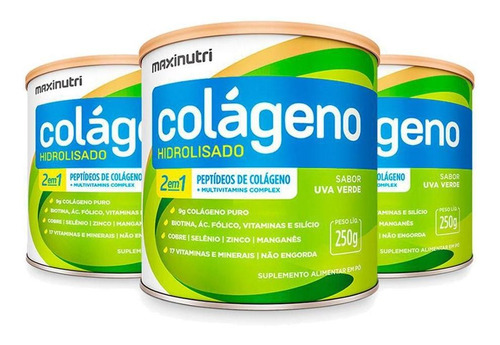 Kit 3 Colágeno Hidrolisado 2 Em 1 250g Uva Verde Maxinutri