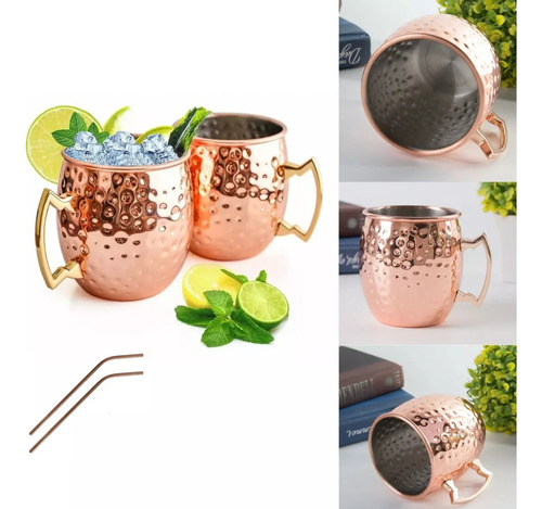 Set 2 Vasos Mug Jarra Para Tragos Moscow Mule + Bombilla 