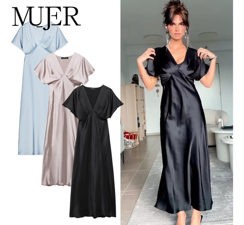 Vestido Midi Largo De Satén Negro Drapeado Mujer 2025