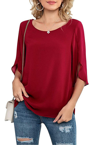 Blusa De Gasa De Manga 3/4 Suelta Con Cuello Redondo Para Mu