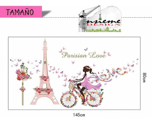 Imagen 5 de 7 de Vinilo Decor Sticker Pared - Paris Love Rosa Bici Hada Flor