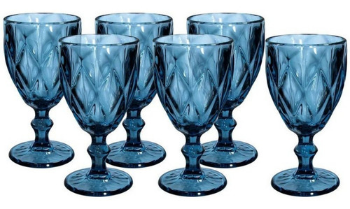 Jogo 6 Taça Vidro Decorado Textura Diamante Grossa 300ml Cor Azul