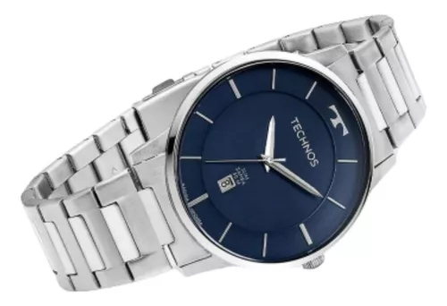 Relógio Slim Masculino Prata com Fundo Azul Technos GM10YQ/1A Fluiarte  Joias - fluiartejoias