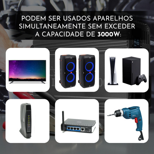 Knup KP-585B Kit Inversor 3000w Onda Senoidal Pura 24v 110v Pico 6000w E Garra De Jacare 200a Cobre Brinde Tripla Proteção Botão Liga/desliga Painel Led Indicador 110v Igual As Tomadas Residências