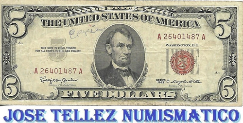 Antiguo Billete 5 Dolares 1963 Sello Rojo B+ Palermo (Usado)