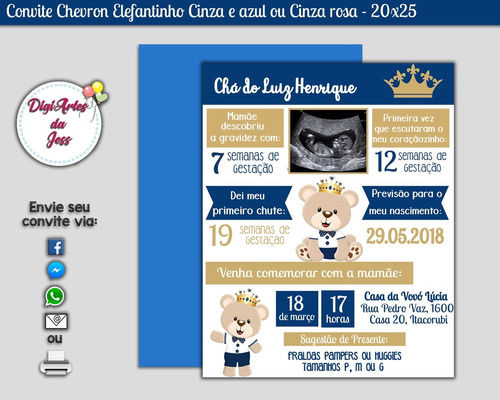 Imagem 1 de 2 de Convite Digital Chá De Bebê Príncipe Urso Azul Royal 001