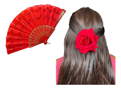 Leque + Rosa De Cabelo Veludo Pomba Gira Ciganas Vermelho