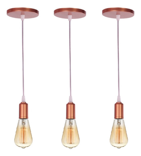 Kit 3 Pendente Luminária Cabo Vintage Retro Industrial E27 Cor Rose Gold (Cabo Cristal)