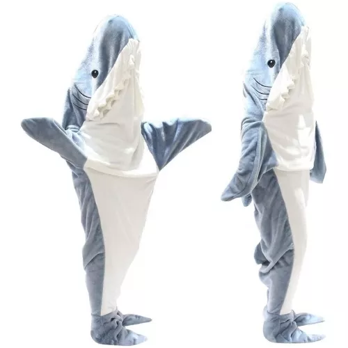  Manta de tiburón con capucha para adultos, manta de tiburón  para adultos o saco de dormir de tiburón, franela súper suave y acogedora,  manta de tiburón, Azul y blanco : Hogar