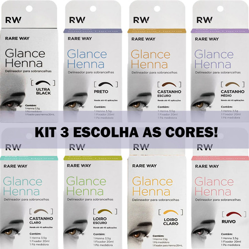 Kit 3 Henna Glance Para Sobrancelhas Rare Way 100% Natural Cor À