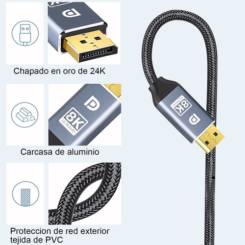 Imagen 5 de 9 de Cable Displayport V1.4, 8k A 60hz, 4k A 120hz / 144hz, 2m