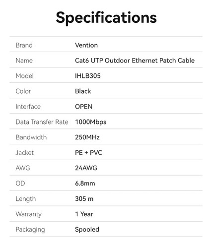 Cable De Red Vention Cat 6 - 305 Metros - Para Exterior Bobina Premium - Utp Rj45 Ethernet 1000 Mbps - Servidor - Camaras Seguridad - Doble vaina Resistente Al Agua Y Al Sol - Negro - Ihlb305