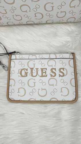Bolsa Guess Hh948127 Nueva 100 % Original Con Etiqueta Blanco Estampado Níquel Beige