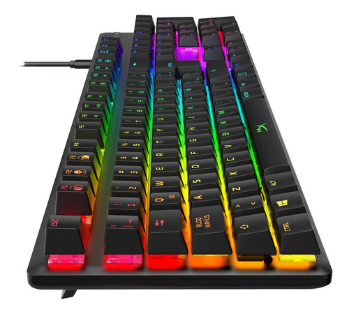 Teclado gamer HyperX Alloy Origins QWERTY Blue español latinoamérica color negro con luz RGB