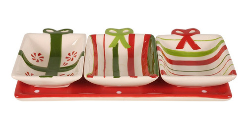 Juego De 3 Copetineros Navideños De Ceramica Con Bandeja.