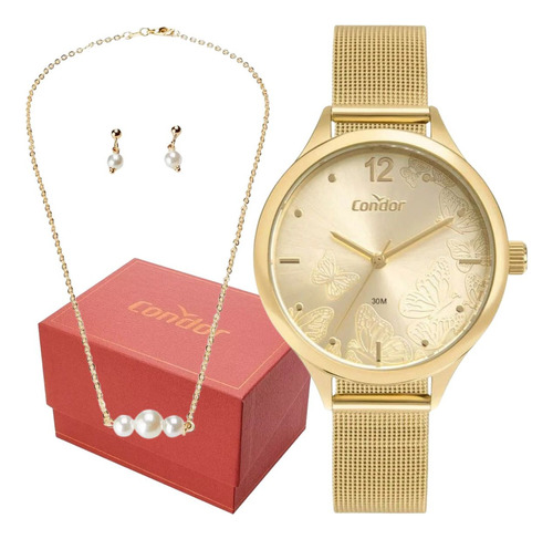 Kit Relógio Feminino Dourado Elegante Colar E Brincos Condor