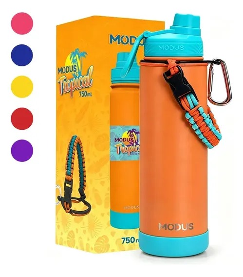 Garrafa Térmica Cokunst 750ml Inox À Prova de Vazamento Cordinha Resistente modus Para Água Gelada e Quente Azul e laranja
