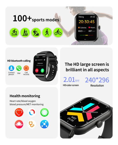 Reloj Inteligente Unisex De 2.01'' Con Llamadas Bluetooth, Ip67, Resistente Al Agua, Deportivo Para Ios Y Android, Monitor De Frecuencia Cardíaca