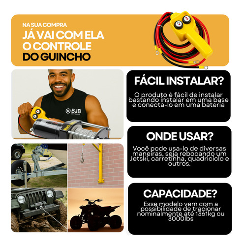 Guincho Elétrico 1361 Kg 12v P/ Quadriculo Jipe Jeep Troler Jetski Carros - Bascco C/ Controle De Fio