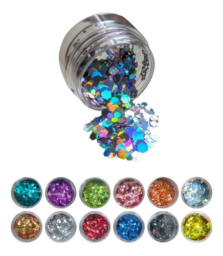 Kit Glitter Uñas X12 - Mix Hexágonos Holográficos