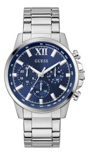 Reloj Guess Walker Caballero Plata Gw0900g4 Correa Plateado Bisel Plateado Fondo Azul