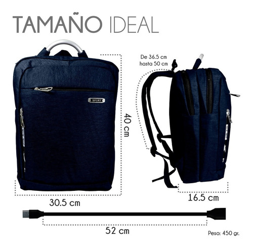 Mochila Impermeable Laptop Puerto Usb Escolar Portátil Viaje Color Azul marino Diseño de la tela Liso