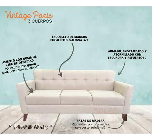 Sillon Sofa Vintage Paris 3 Cuerpos Chenille Gris Oscuro Liso