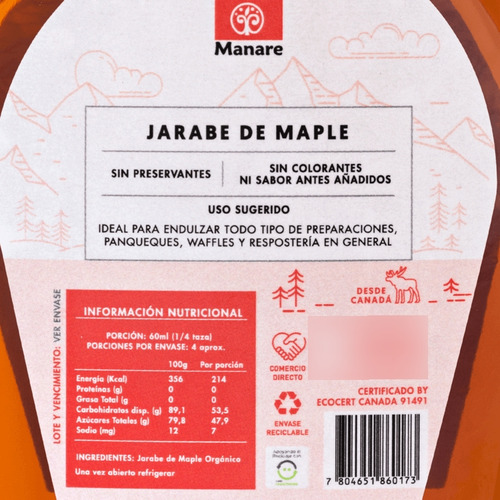 Jarabe De Maple O Maple Syrup Orgánico, 250ml Manare