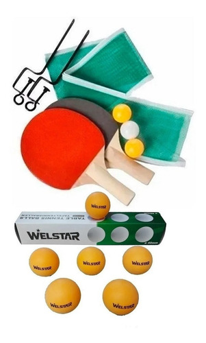 Juego Set Ping Pong 2 Paletas Madera Con Red Y 9 Pelotitas